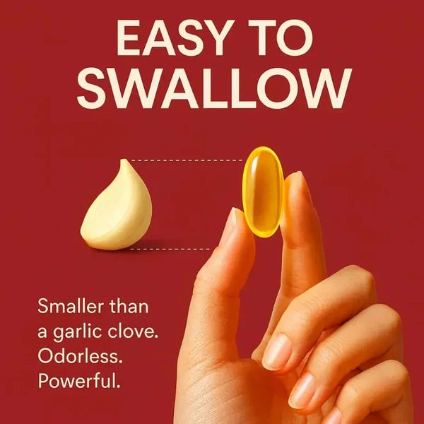 Odorless aged garlic extract softgel capsule in fingers with garlic clove icon