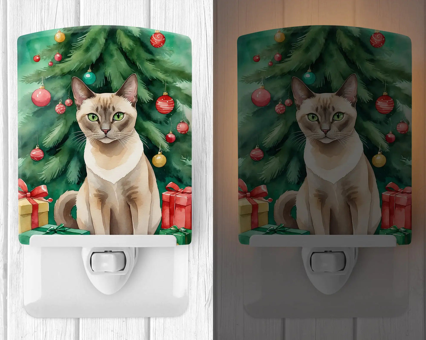 Tonkinese Cat By the Christmas Tree Ceramic Night Light