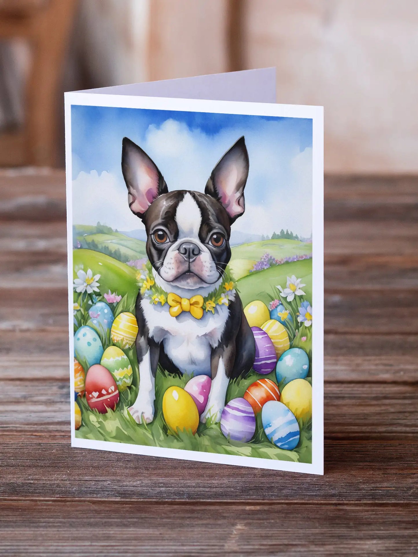 Boston Terrier Easter Egg Hunt Greeting Cards Pack of 8