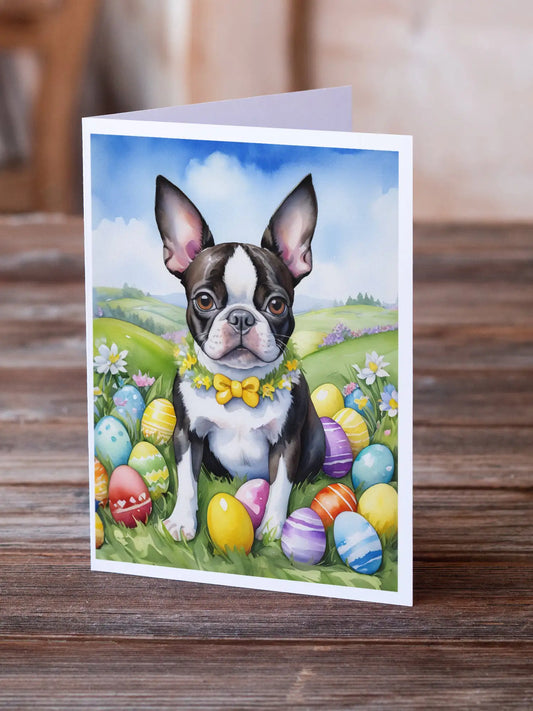 Boston Terrier Easter Egg Hunt Greeting Cards Pack of 8