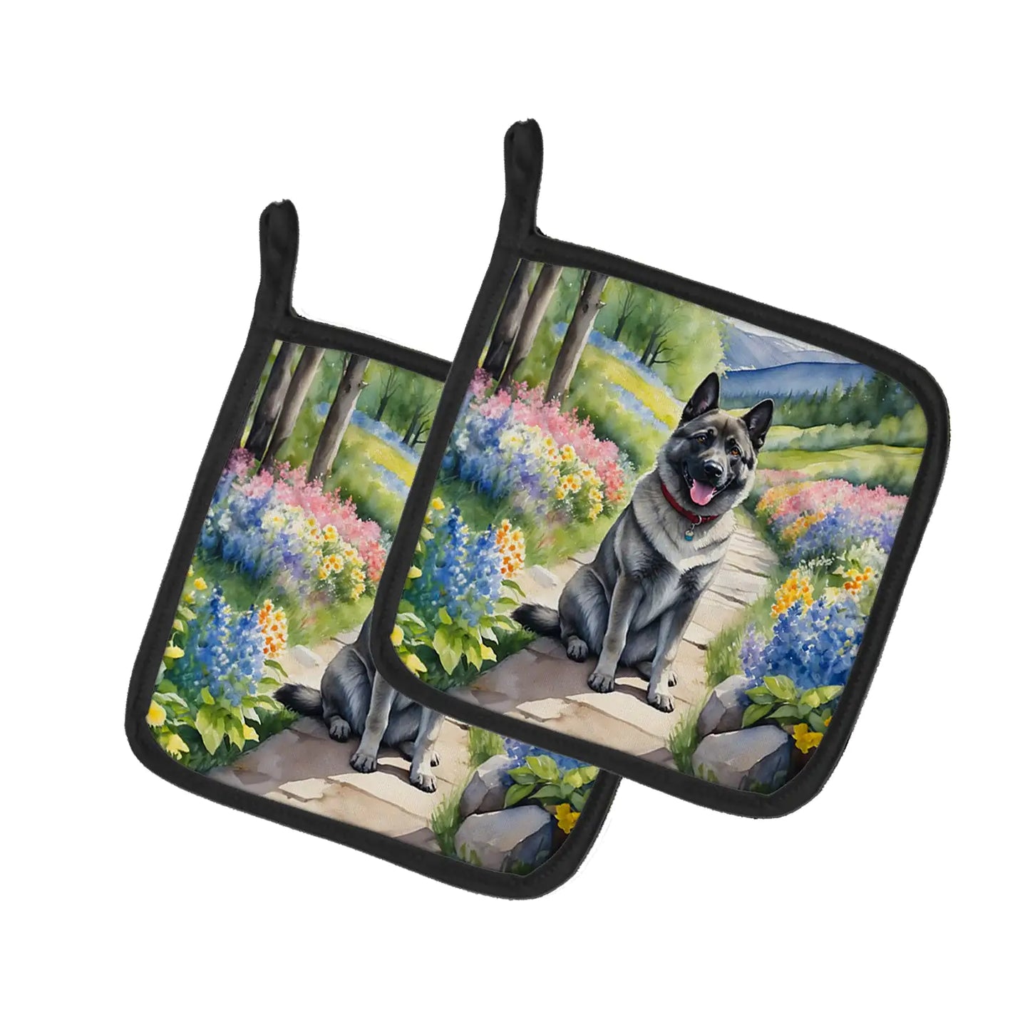 Norwegian Elkhound Spring Path Pair of Pot Holders