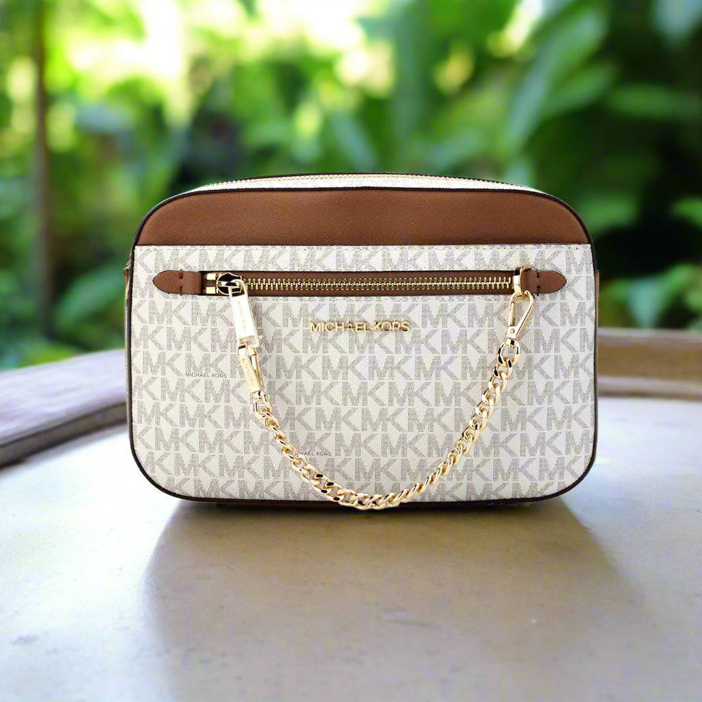 Michael Kors Jet Set EW Vanilla PVC Zip Chain Crossbody