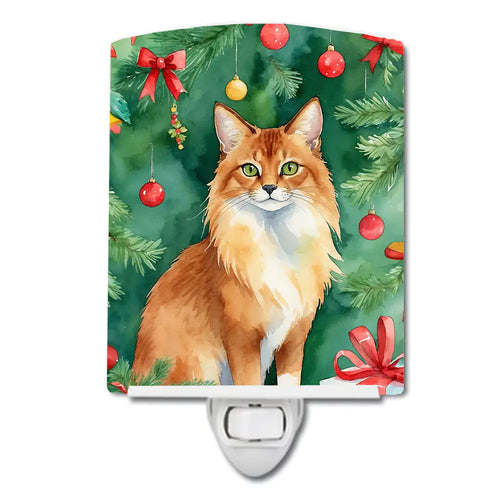 Somali Cat By the Christmas Tree Ceramic Night Light
