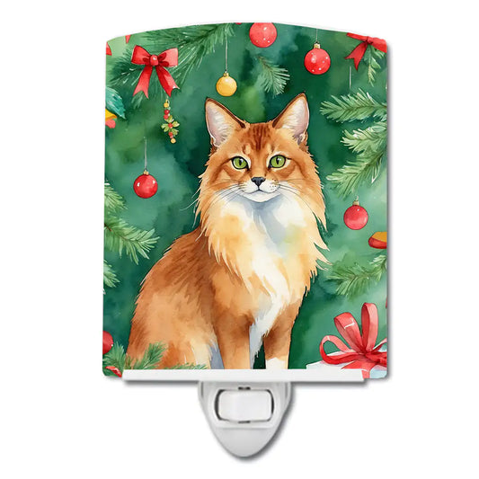 Somali Cat By the Christmas Tree Ceramic Night Light
