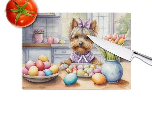 Decorating Easter Yorkshire Terrier Glass Cutting Board