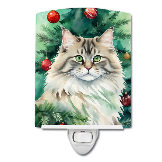 Siberian Cat By the Christmas Tree Ceramic Night Light