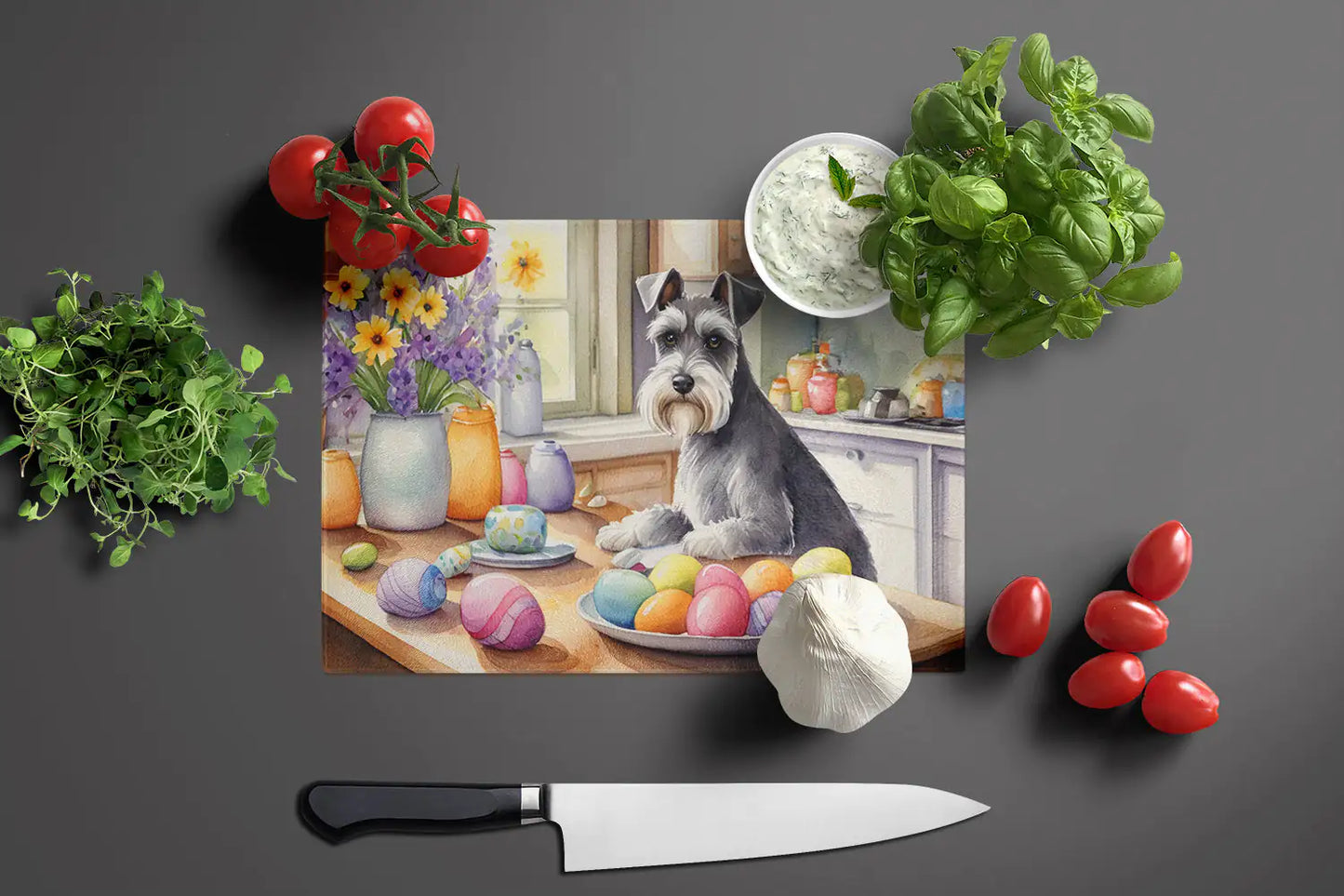 Decorating Easter Schnauzer Glass Cutting Board