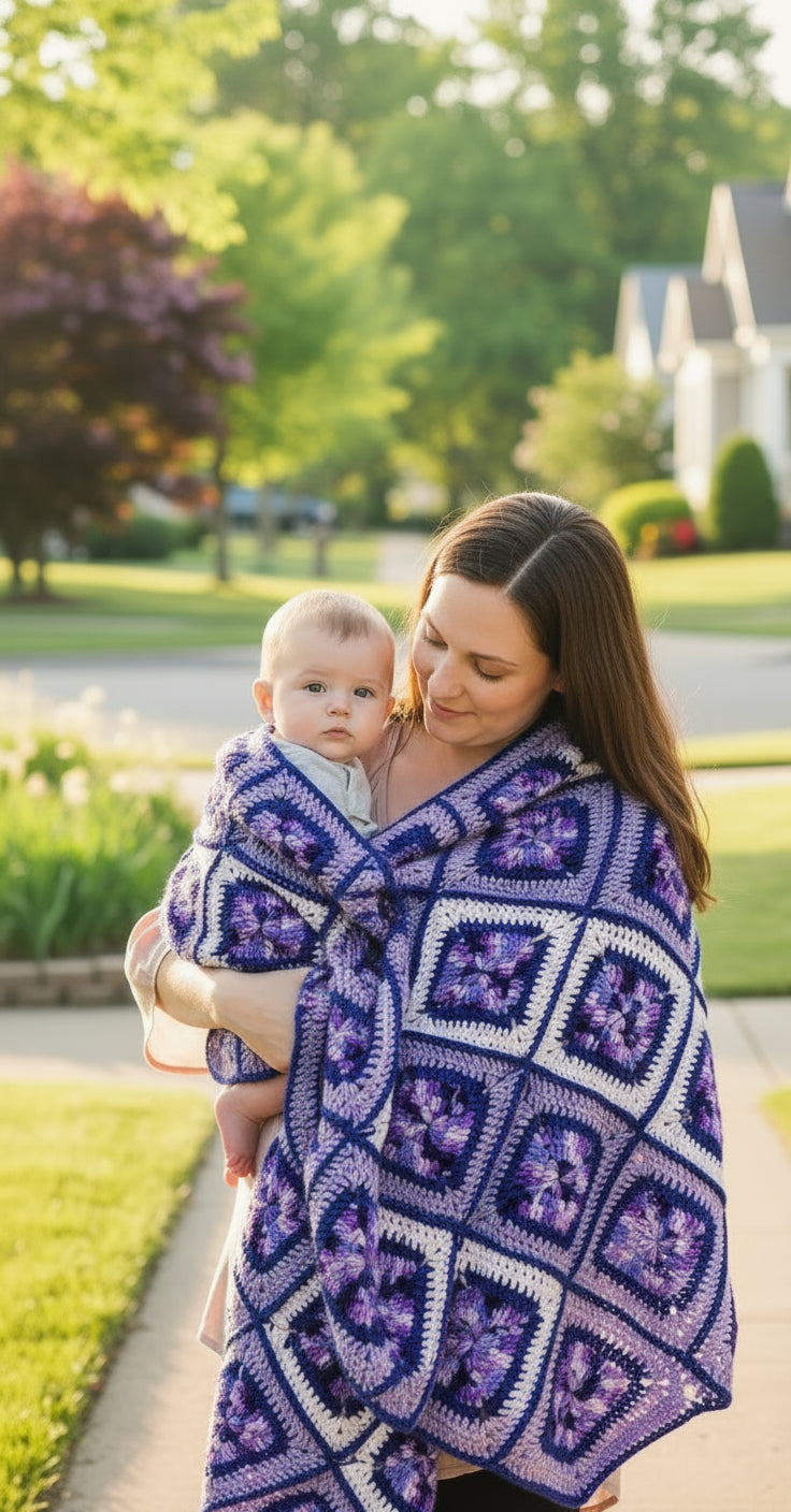 Granny Square hand crochet of Yellows, Light Purple with Light Purple Border Baby Blanket, mommy sitting in the recliner holding the baby while baby wrap up in the blanket