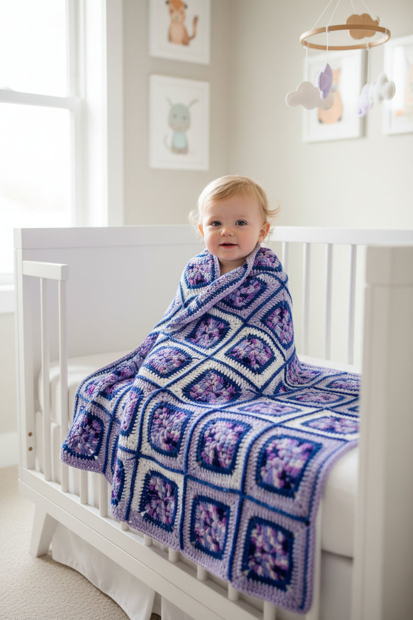 Crocheted baby blanket in light and dark purple, full granny square design with border