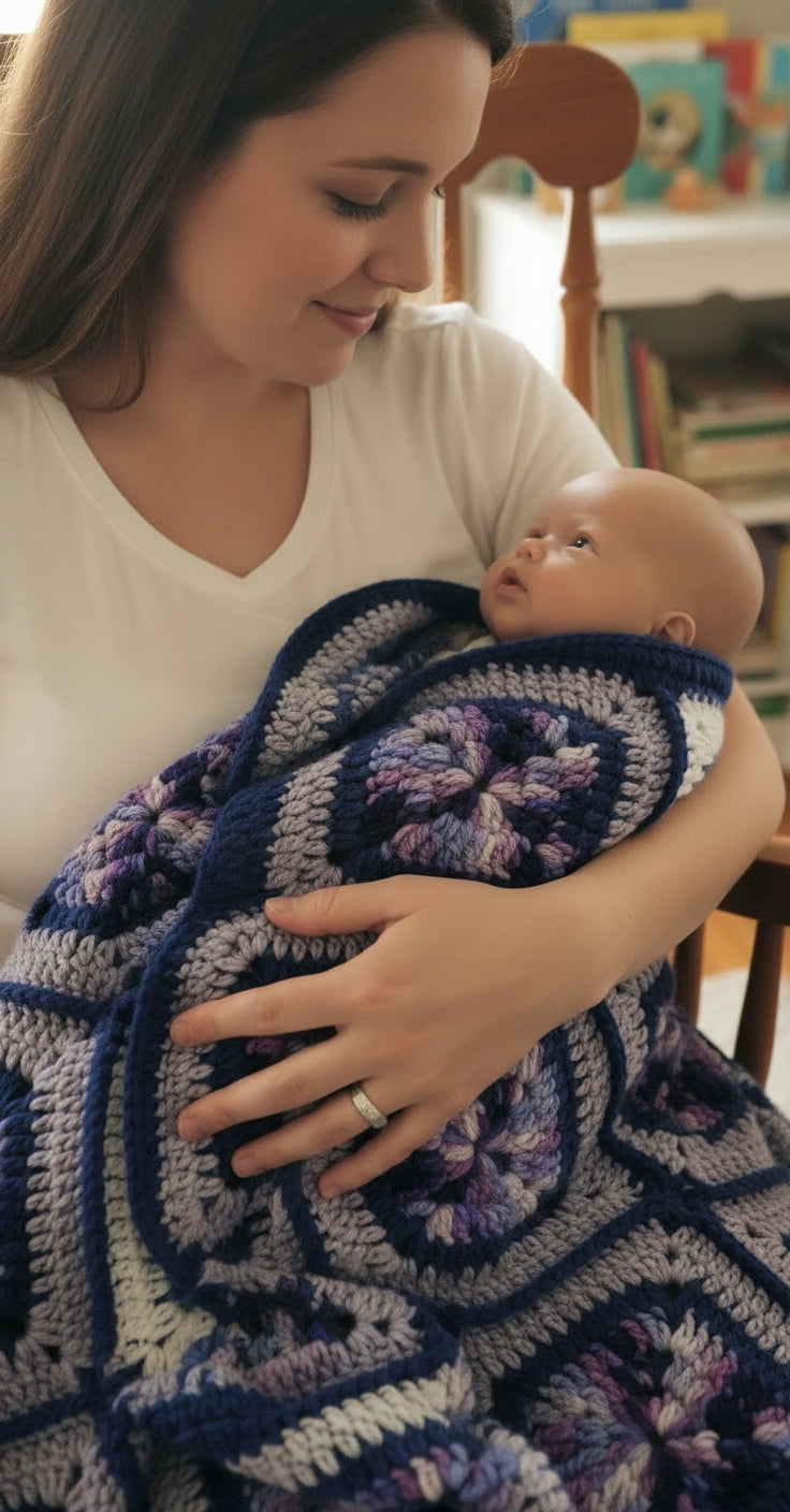 Granny Square hand crochet of Yellows, Light Purple with Light Purple Border Baby Blanket, mommy sitting in the recliner holding the baby while baby wrap up in the blanket