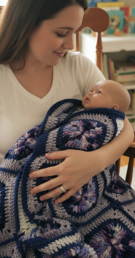 Granny Square hand crochet of Yellows, Light Purple with Light Purple Border Baby Blanket, mommy sitting in the recliner holding the baby while baby wrap up in the blanket