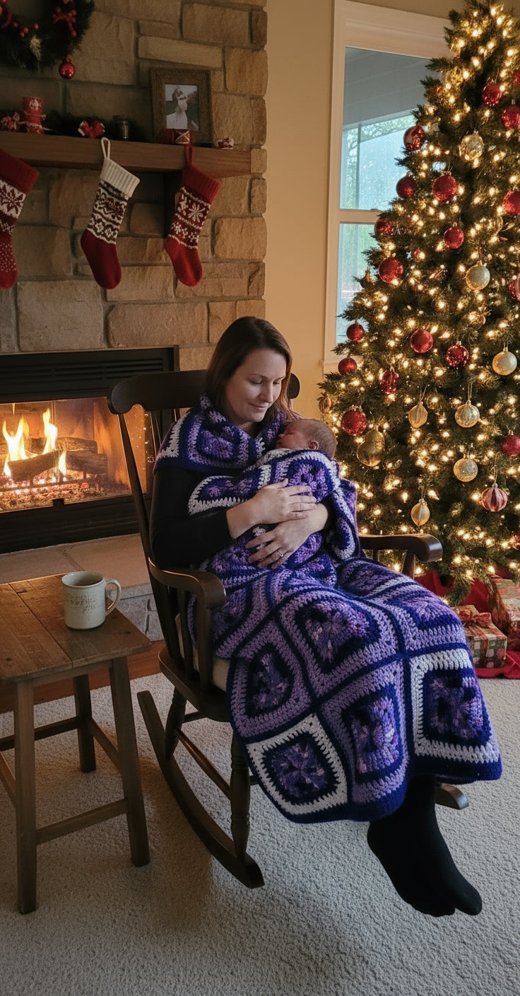 Granny Square hand crochet of Yellows, Light Purple with Light Purple Border Baby Blanket, mommy sitting in the recliner holding the baby while baby wrap up in the blanket