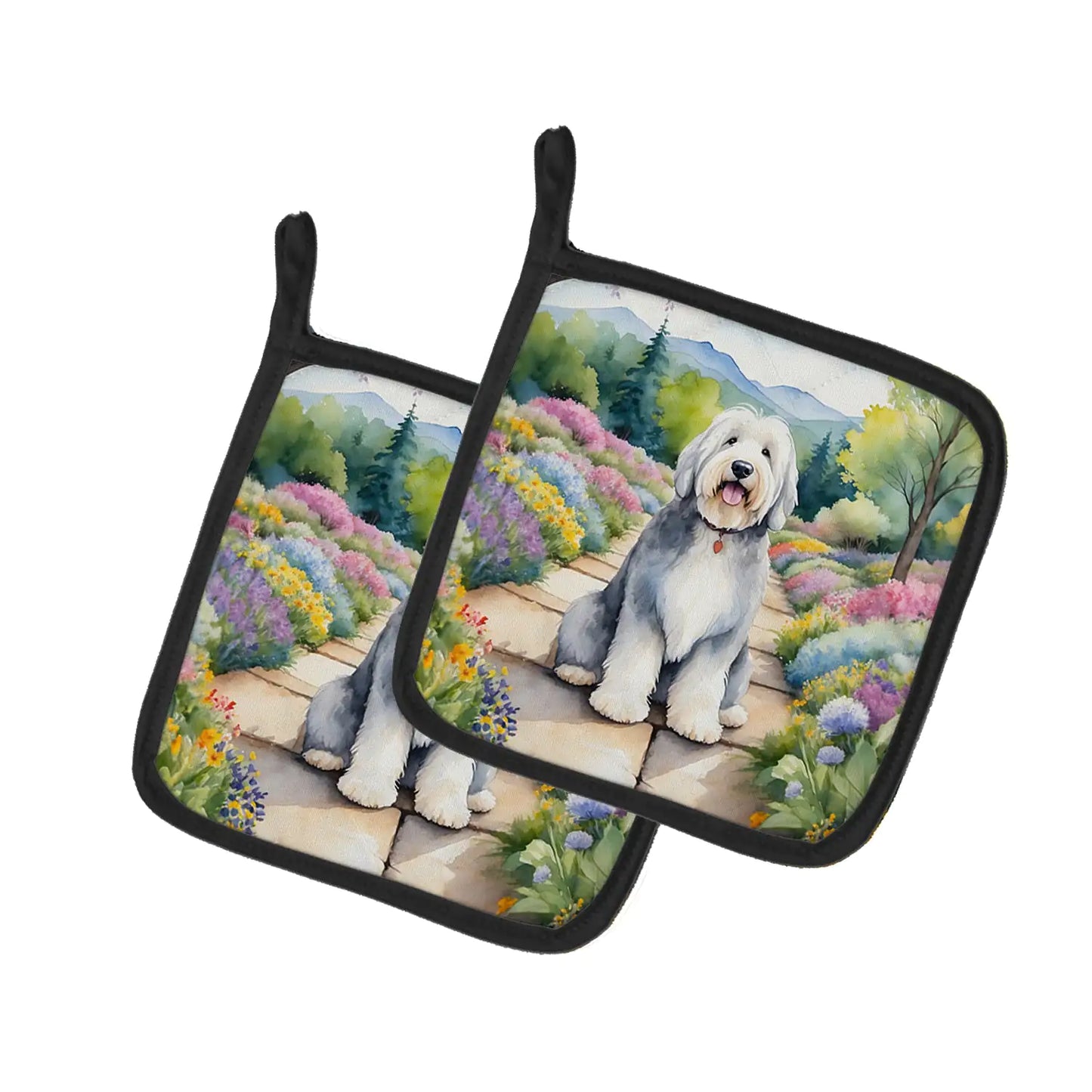 Old English Sheepdog Spring Path Pair of Pot Holders