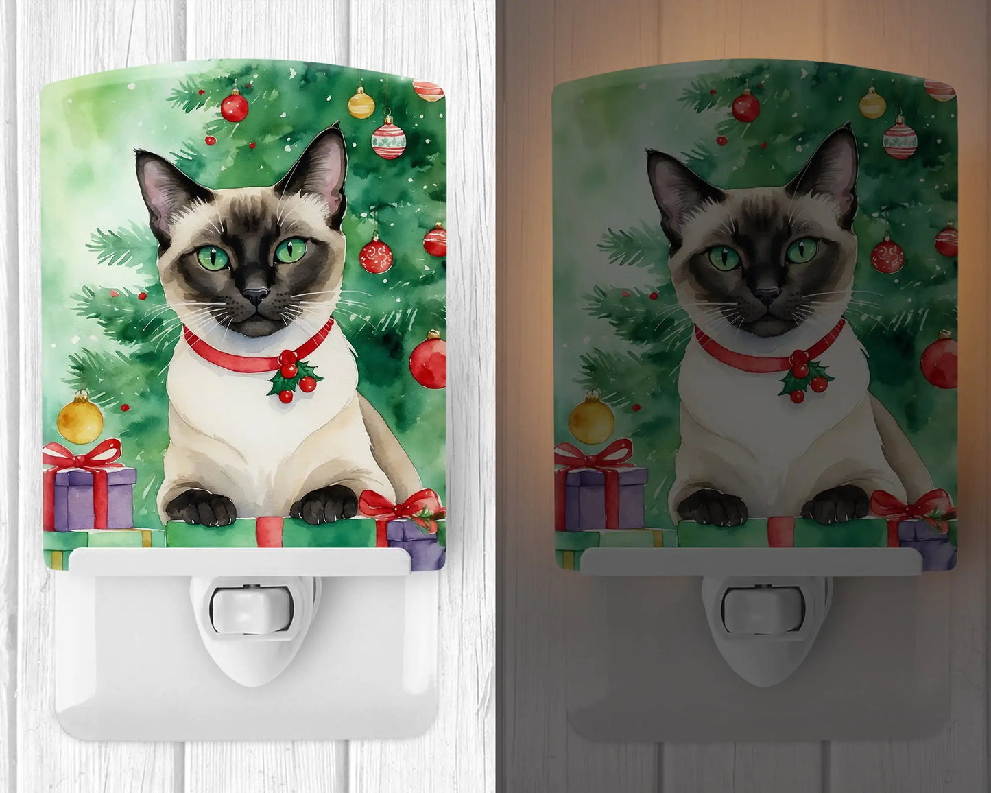 Siamese Cat By the Christmas Tree Ceramic Night Light