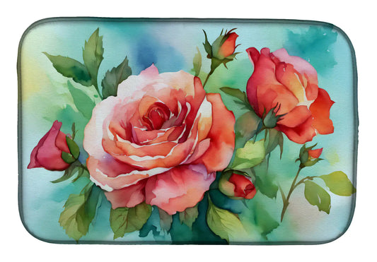 Oklahoma Roses in Watercolor Dish Drying Mat