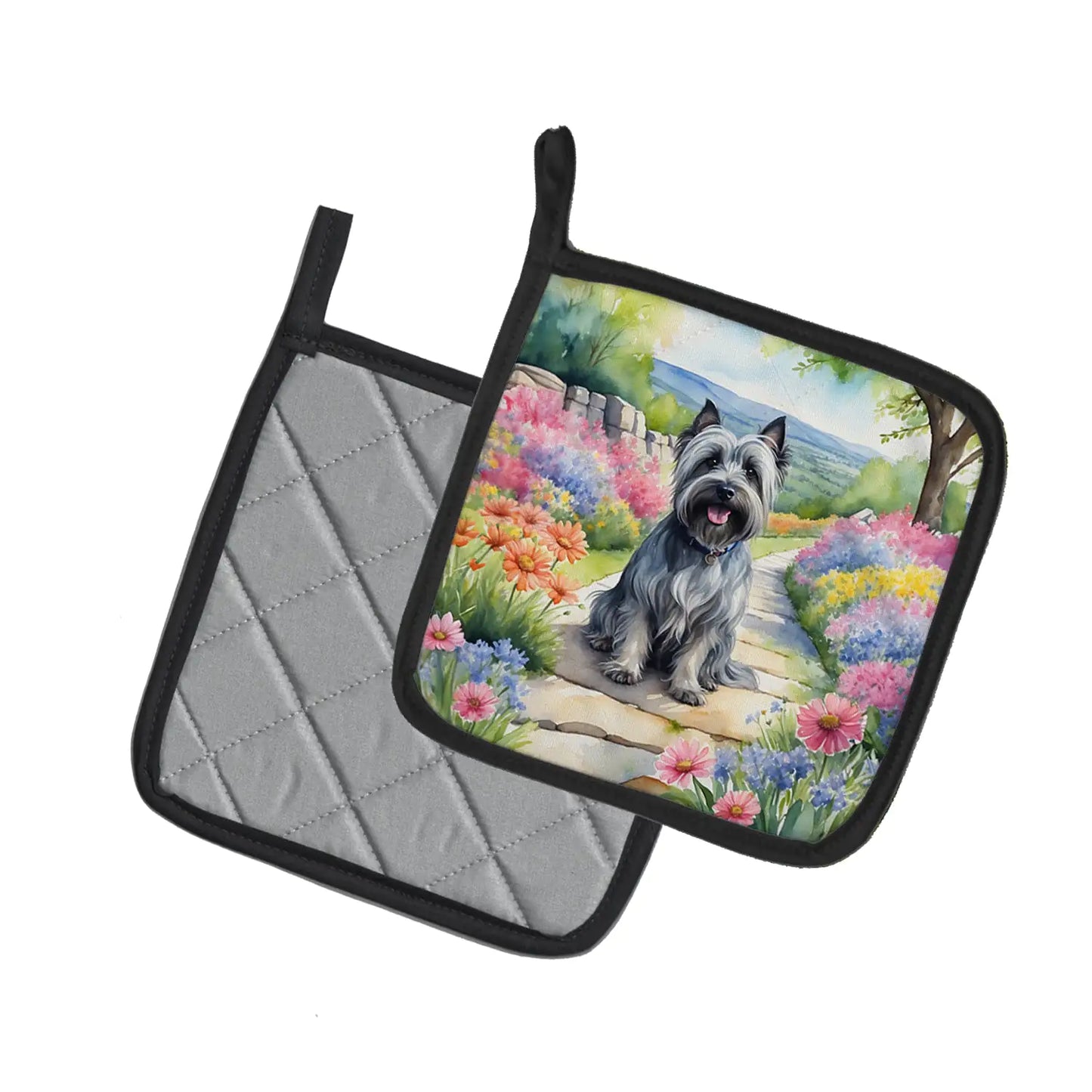 Skye Terrier Spring Path Pair of Pot Holders