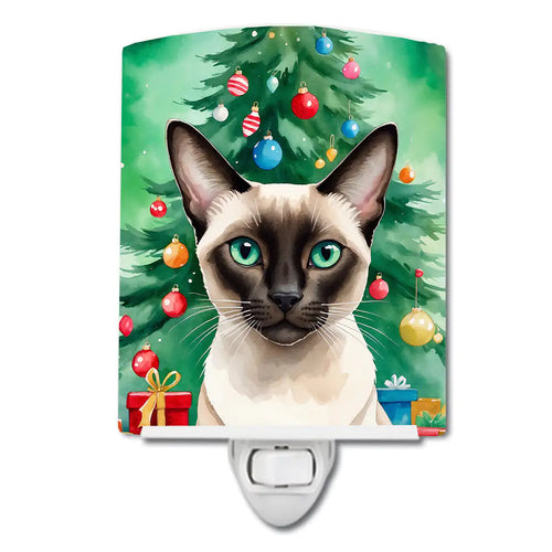 Colorpoint Shorthair Cat By the Christmas Tree Ceramic Night Light