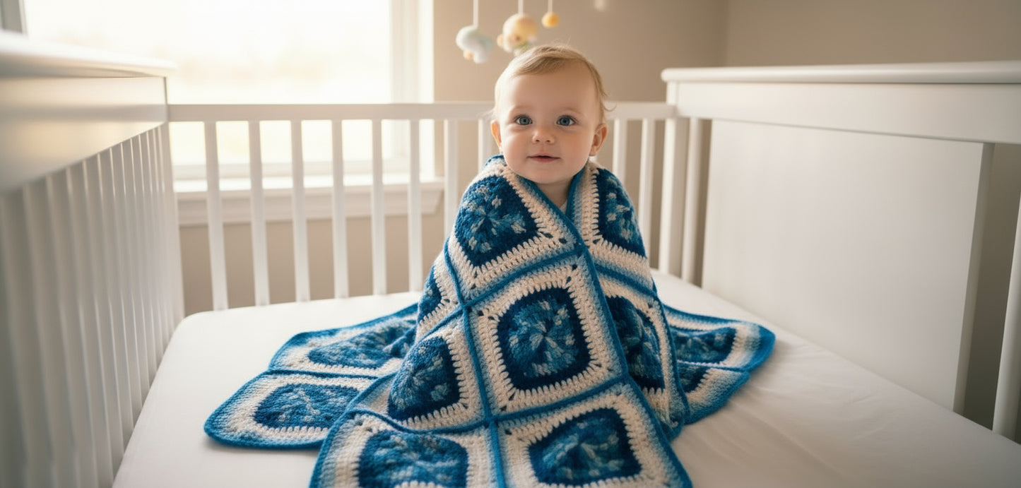 Handmade Granny Square hand crochet of Multi Blue, Whites, Light Blue, with Blue Border Baby Blanket