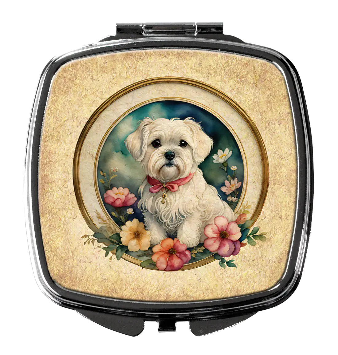 Maltese and Flowers Compact Mirror