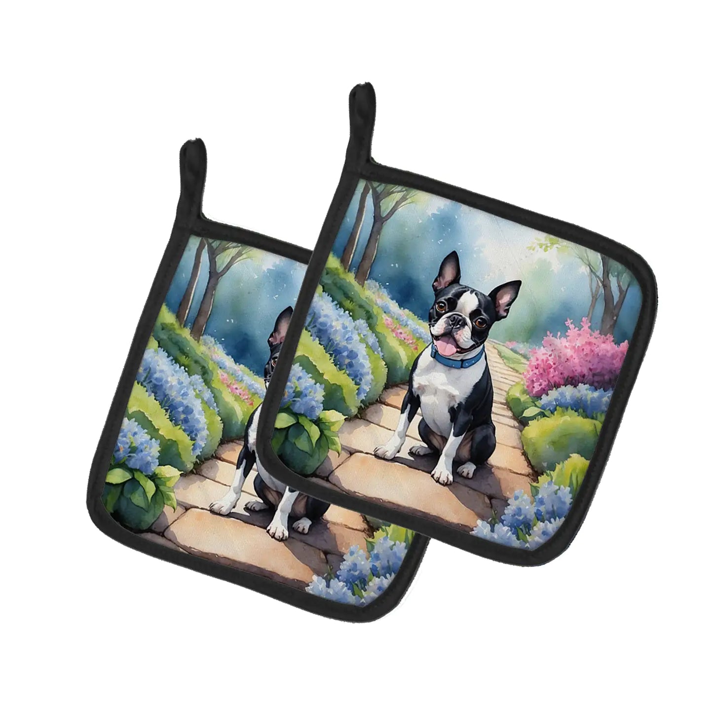 Boston Terrier Spring Path Pair of Pot Holders