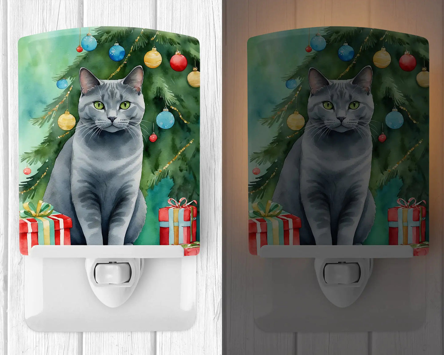 Chartreux Cat By the Christmas Tree Ceramic Night Light