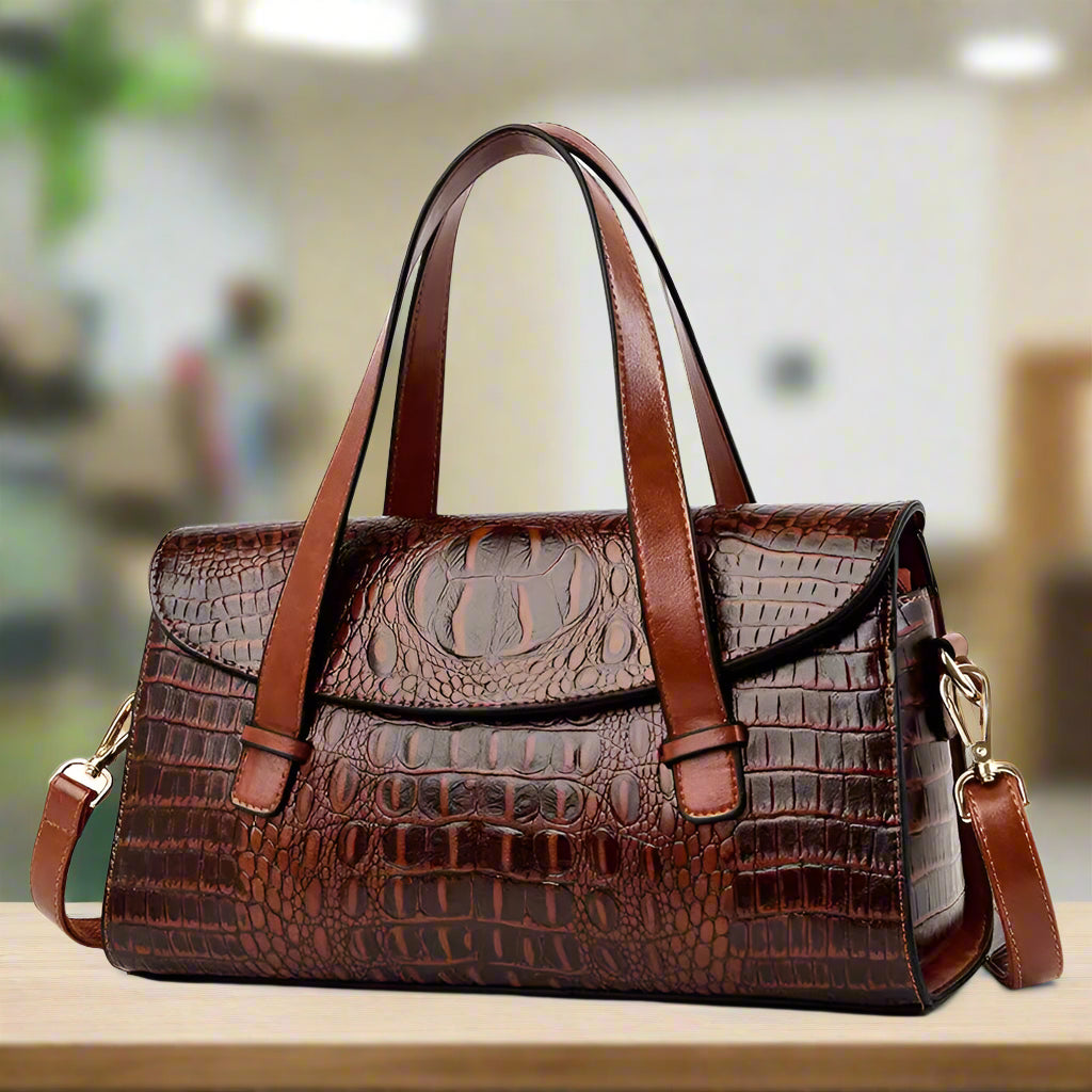 Vintage Crocodile Pattern Leather Messenger Handbag