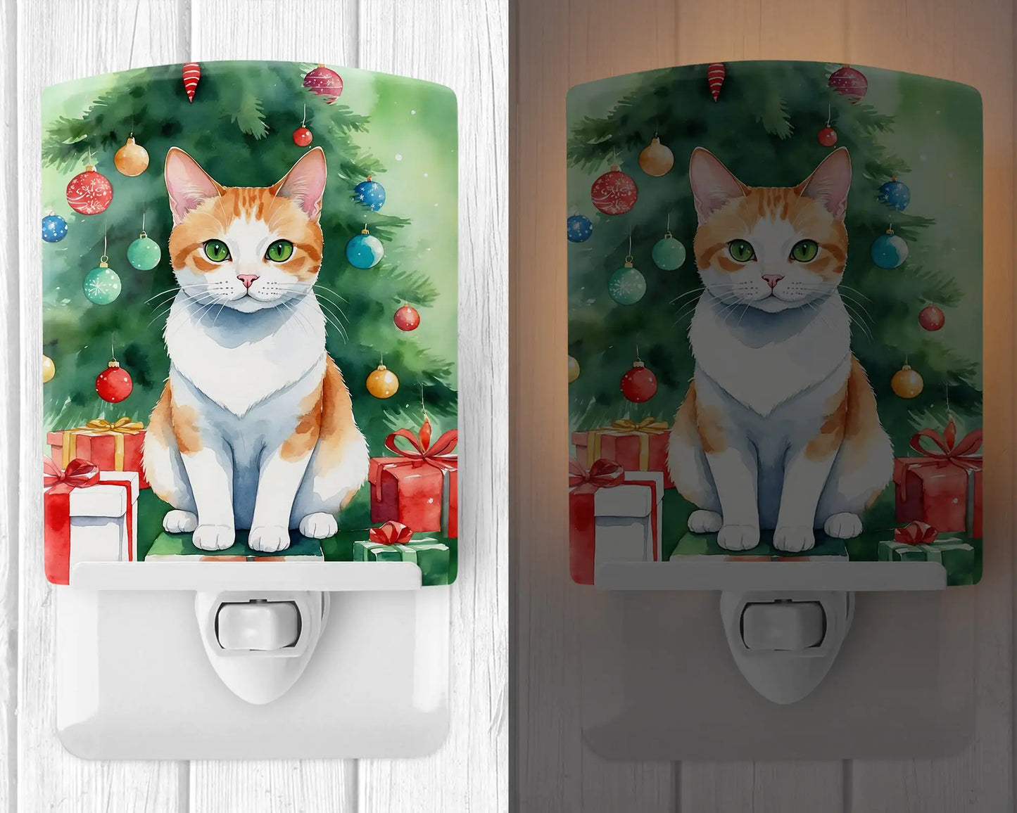 Japanese Bobtail Cat By the Christmas Tree Ceramic Night Light