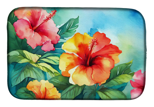 Hawaii Hawaiian Hibiscus in Watercolor Dish Drying Mat