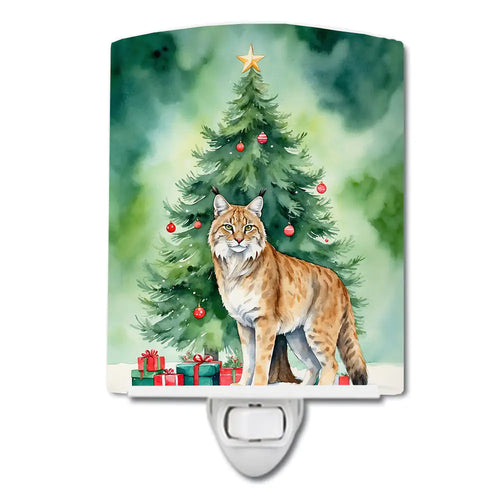 Highlander Lynx Cat By the Christmas Tree Ceramic Night Light
