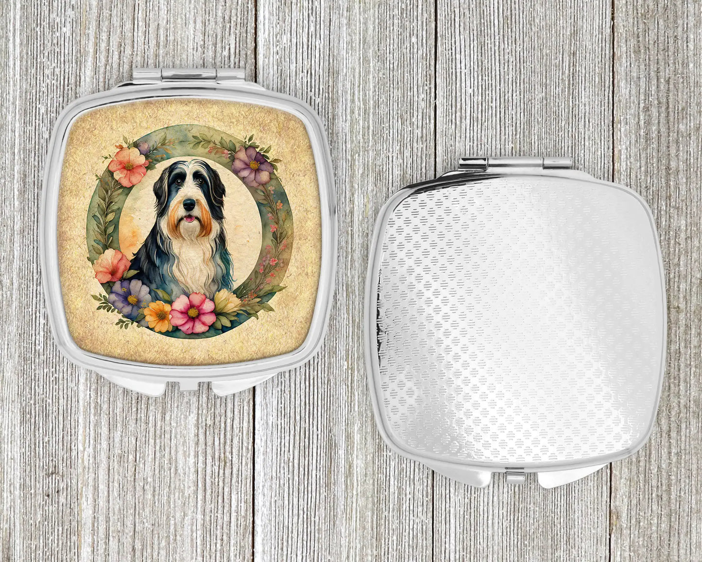 Bearded Collie and Flowers Compact Mirror