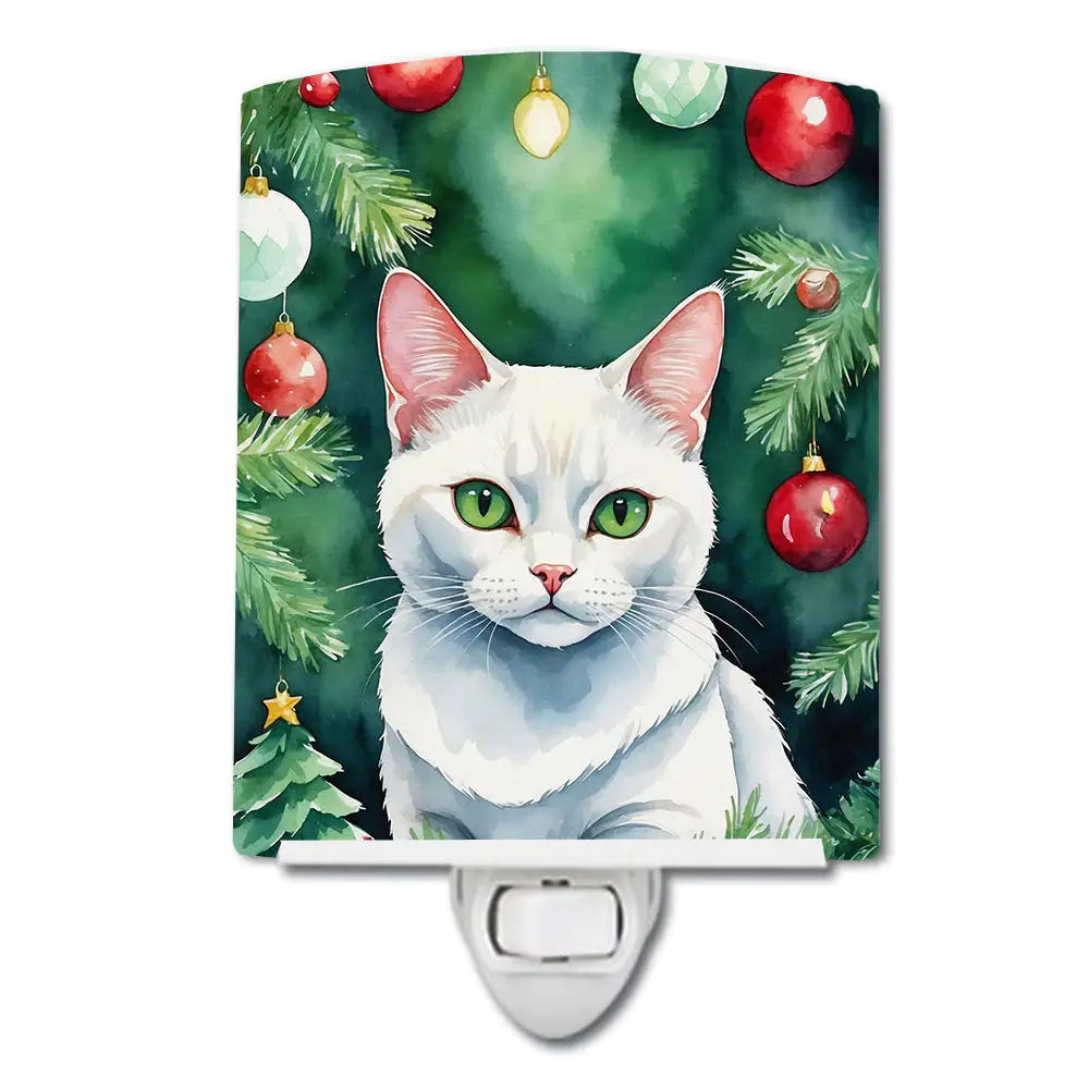 Khao Manee Cat By the Christmas Tree Ceramic Night Light