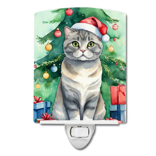 Scottish Fold Cat By the Christmas Tree Ceramic Night Light