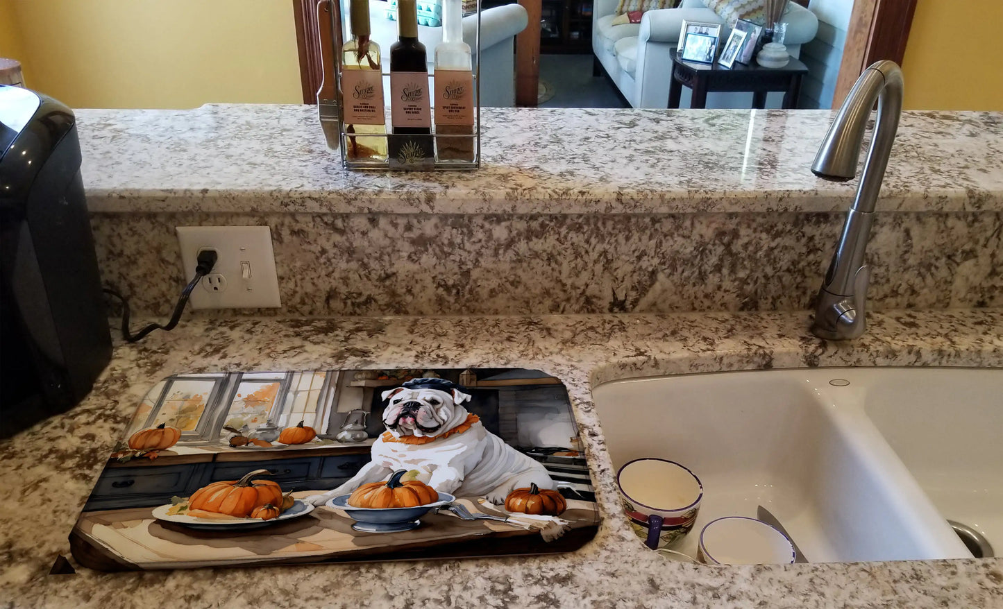 English Bulldog Fall Kitchen Pumpkins Dish Drying Mat