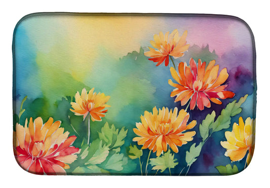 Chrysanthemums in Watercolor Dish Drying Mat