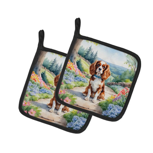 Cavalier Spaniel Spring Path Pair of Pot Holders