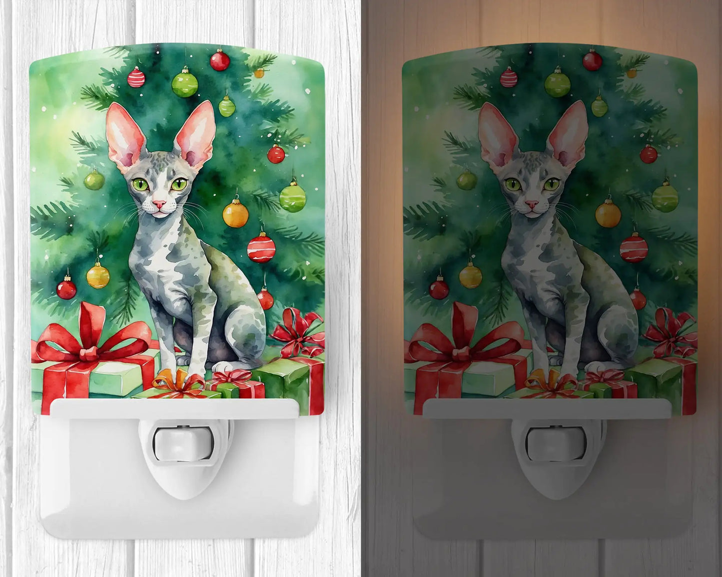 Cornish Rex Cat By the Christmas Tree Ceramic Night Light