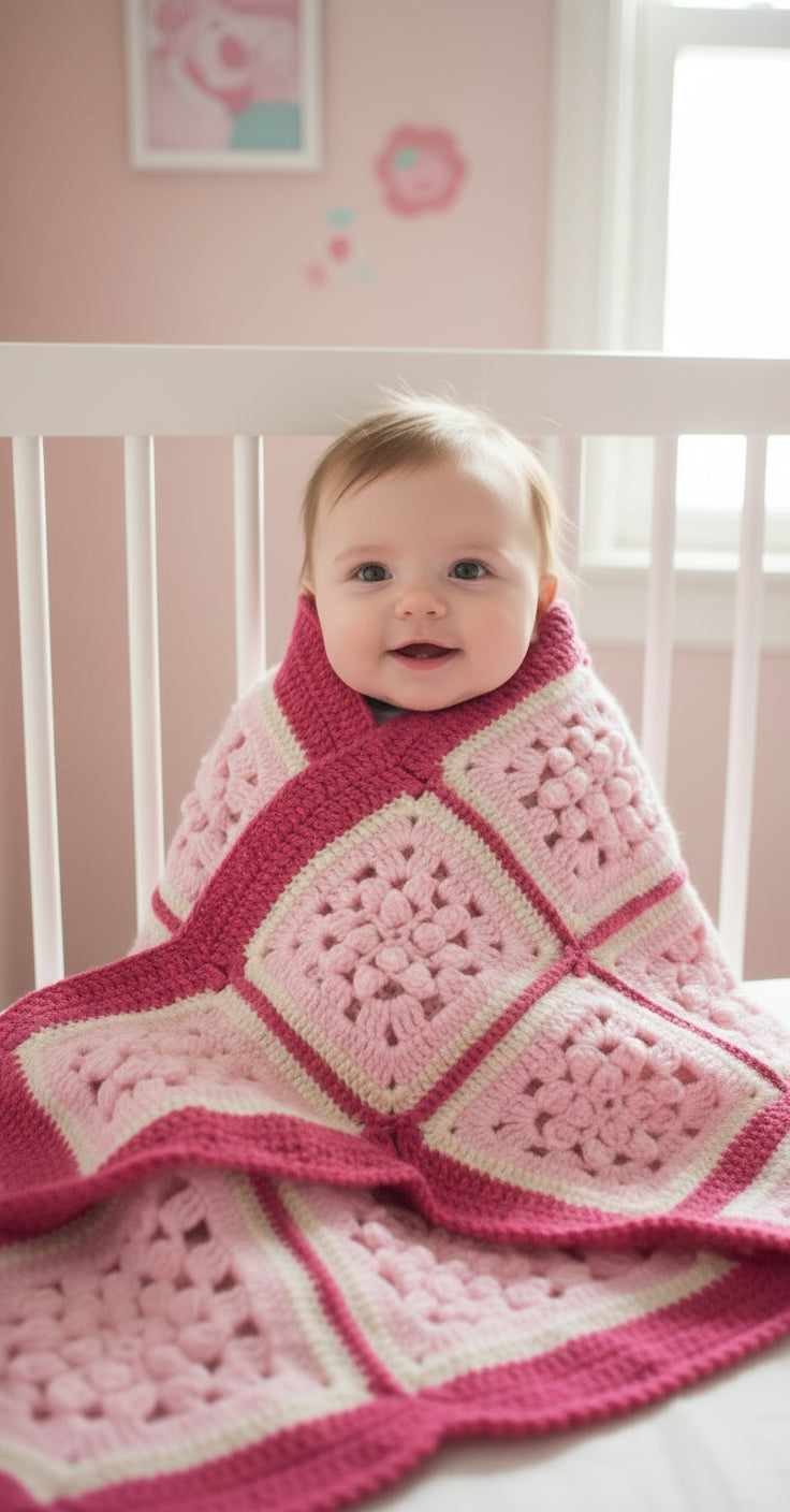 Handmade Granny Baby Blanket Square of Pinks, with Dark Pink Border Shell Patchwork