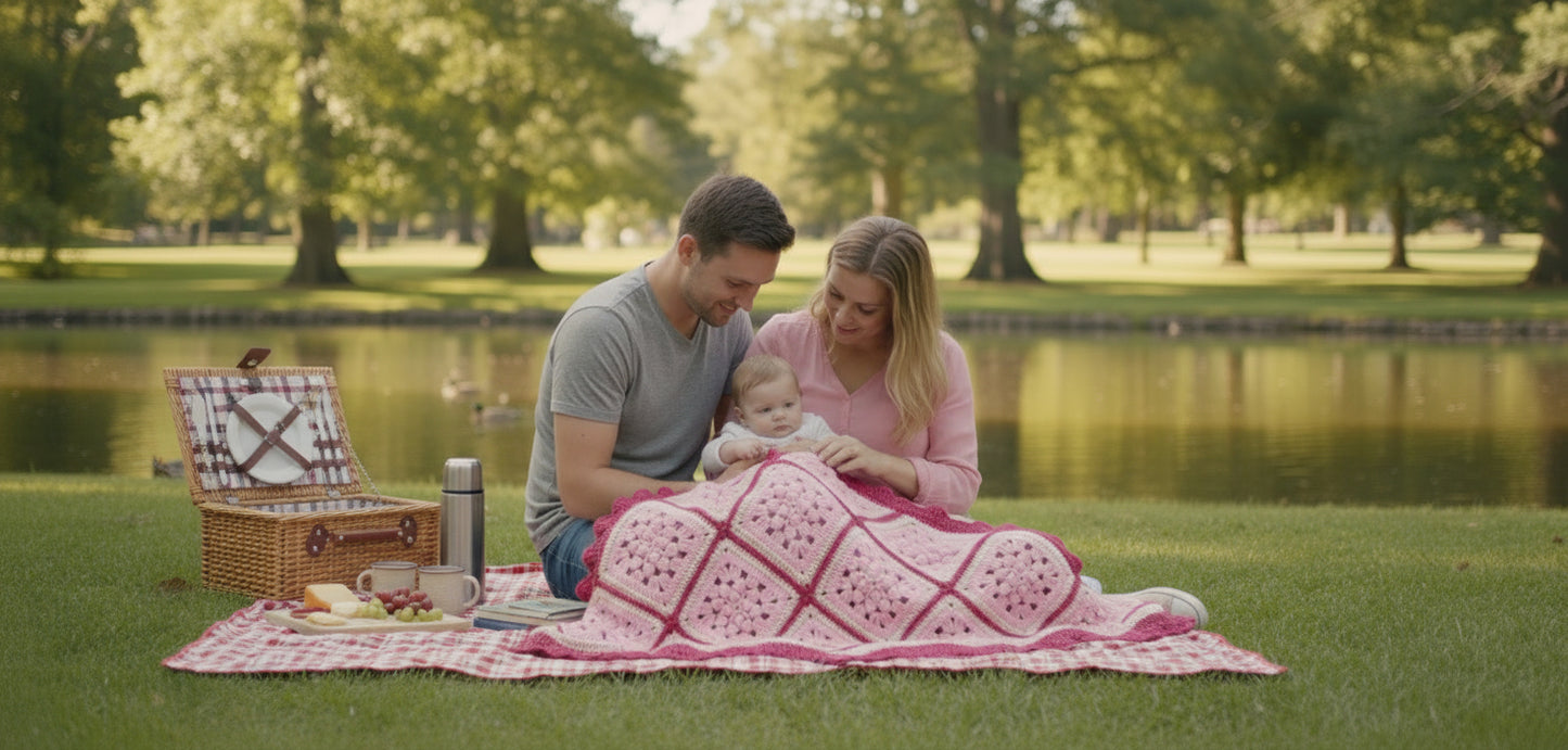 Handmade Granny Baby Blanket Square of Pinks, with Dark Pink Border Shell Patchwork