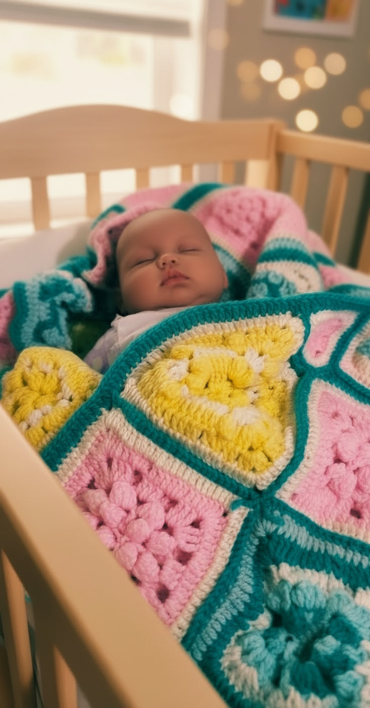 Handmade Granny Baby Blanket Square with Shell Patchwork