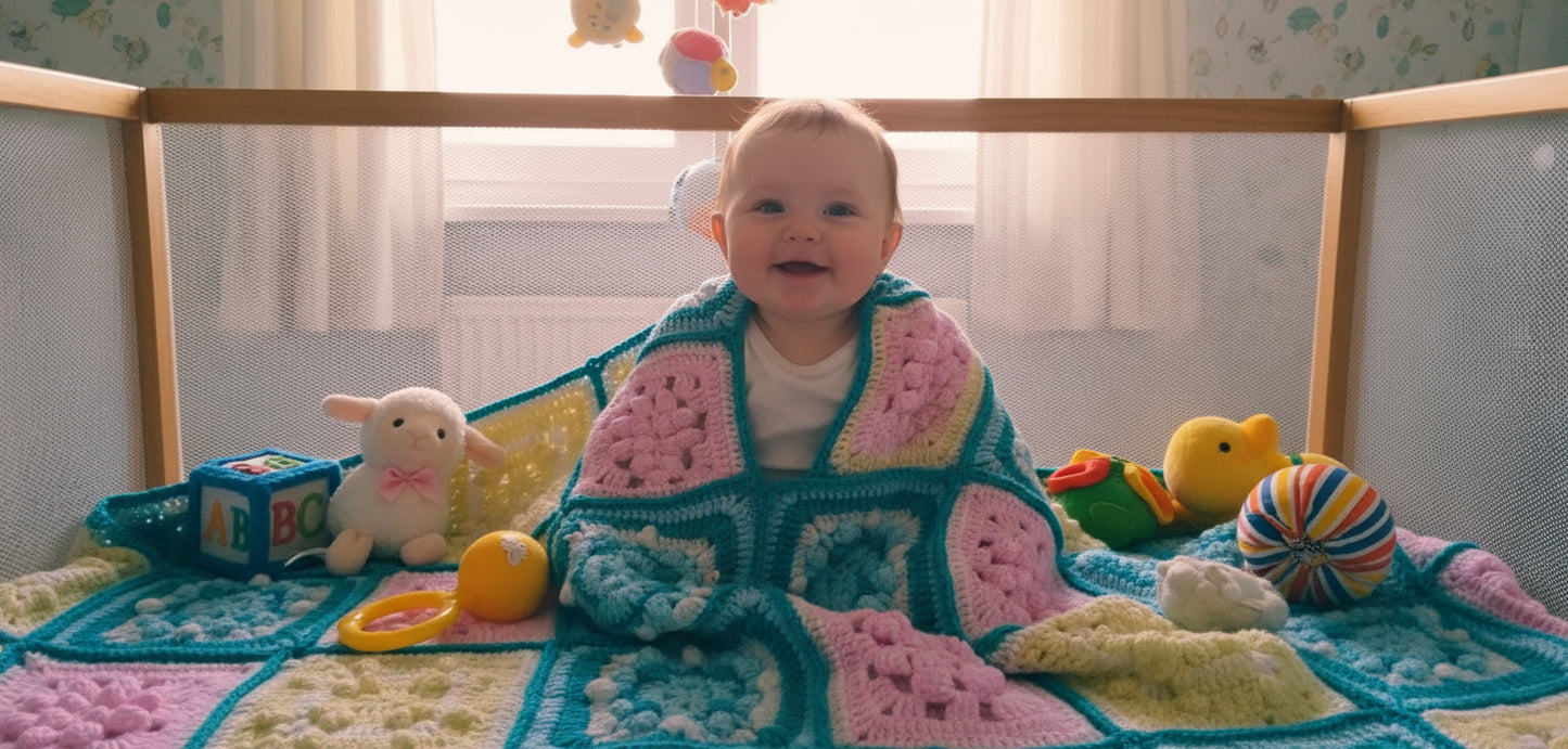 Handmade Granny Baby Blanket Square with Shell Patchwork