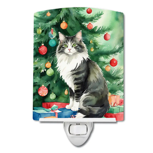Norwegian Forest Cat By the Christmas Tree Ceramic Night Light