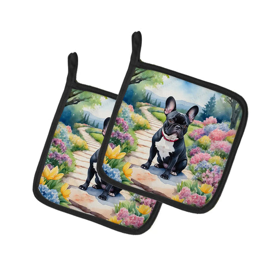 French Bulldog Spring Path Pair of Pot Holders