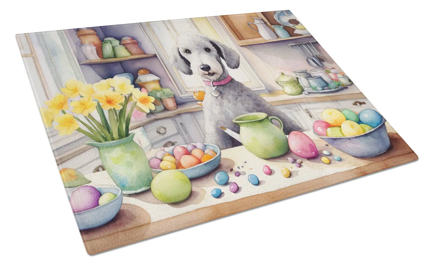 Decorating Easter Bedlington Terrier Glass Cutting Board