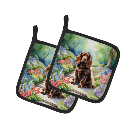 Sussex Spaniel Spring Path Pair of Pot Holders