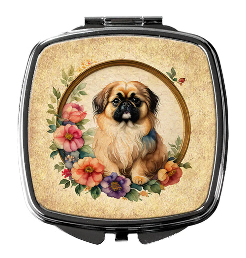 Pekingese and Flowers Compact Mirror