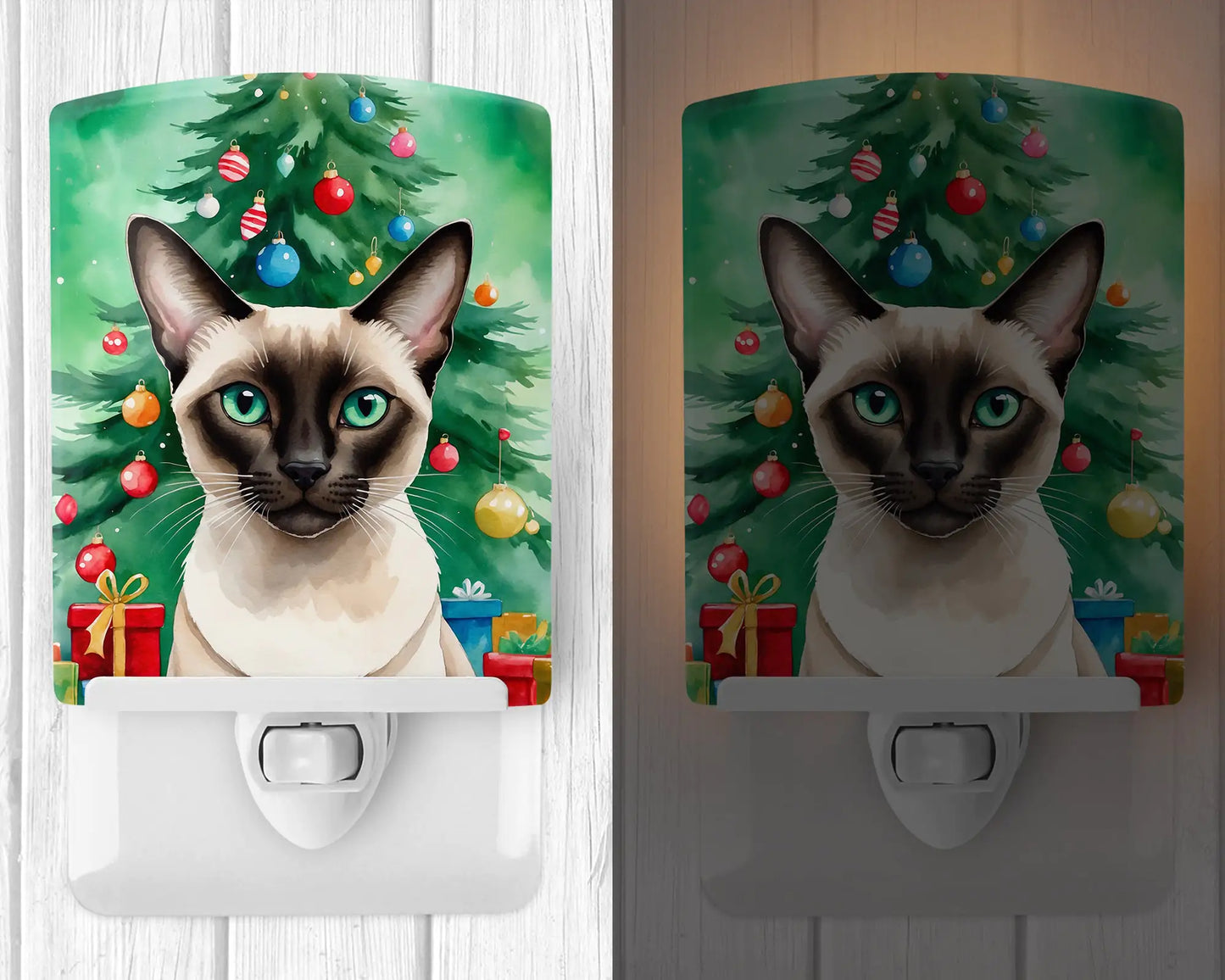 Colorpoint Shorthair Cat By the Christmas Tree Ceramic Night Light