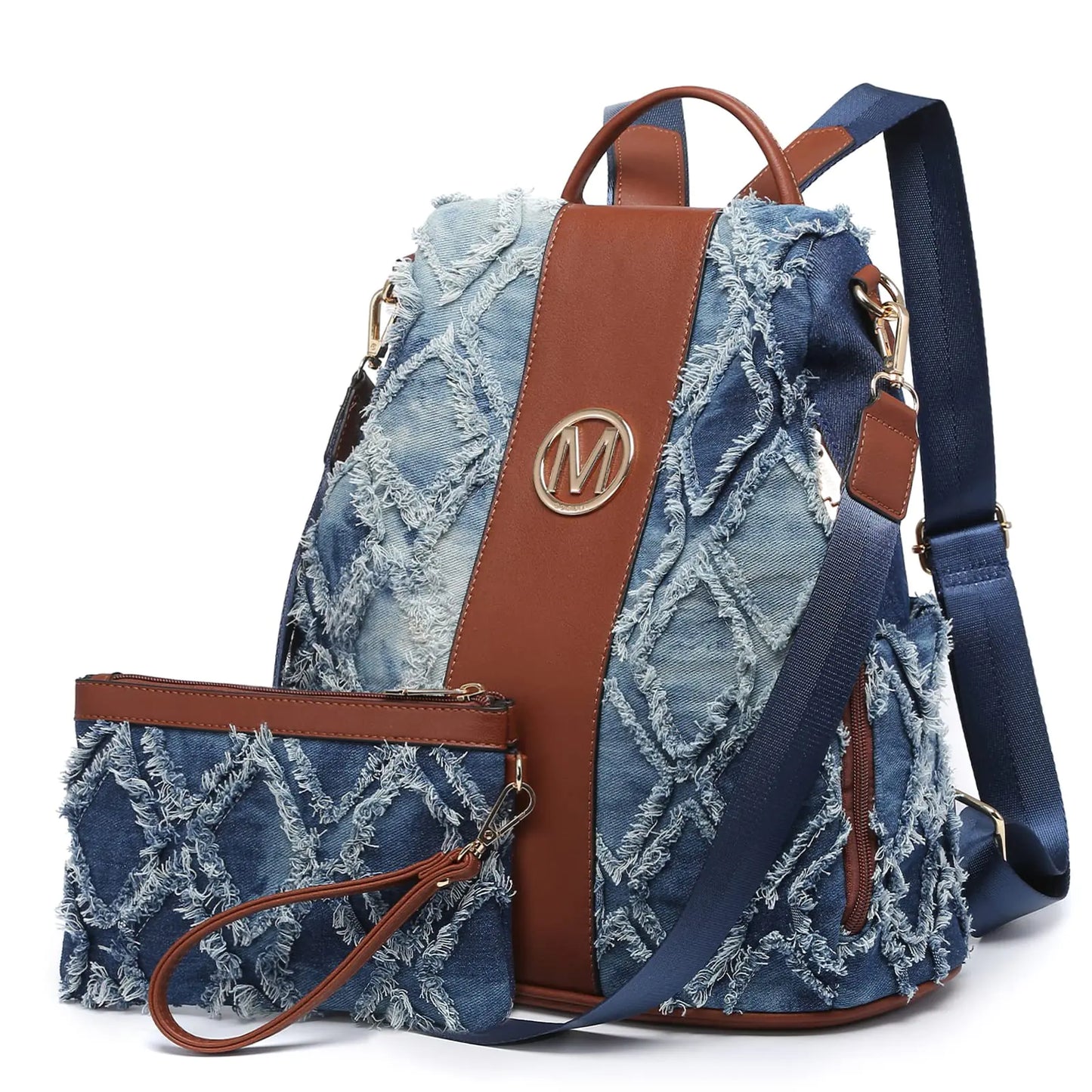 Denim blue backpack purse with brown center panel, side straps, and attached wristlet pouch