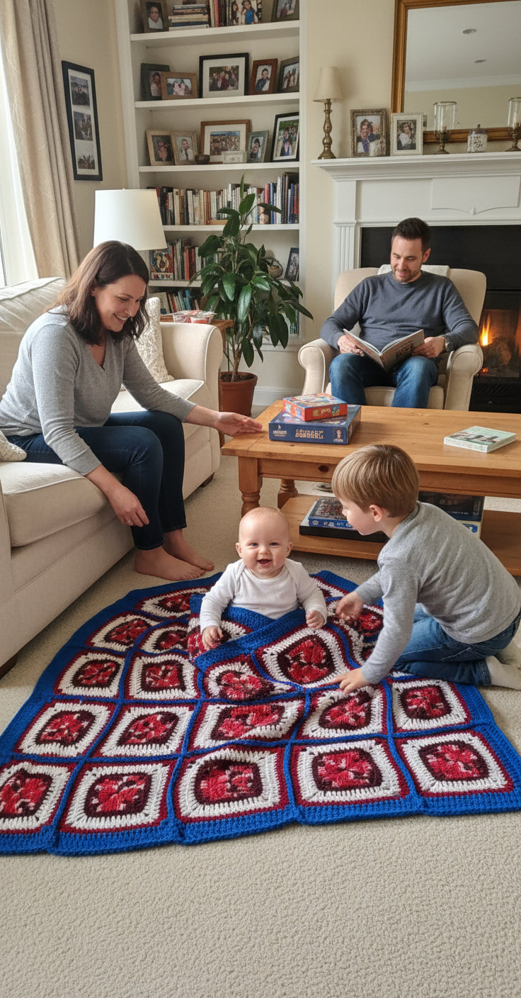 Handmade Granny Square hand crochet of Mix's Red, Whites, and Blue Border Baby Blanket