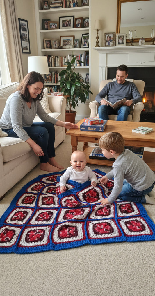 Handmade Granny Square hand crochet of Mix's Red, Whites, and Blue Border Baby Blanket