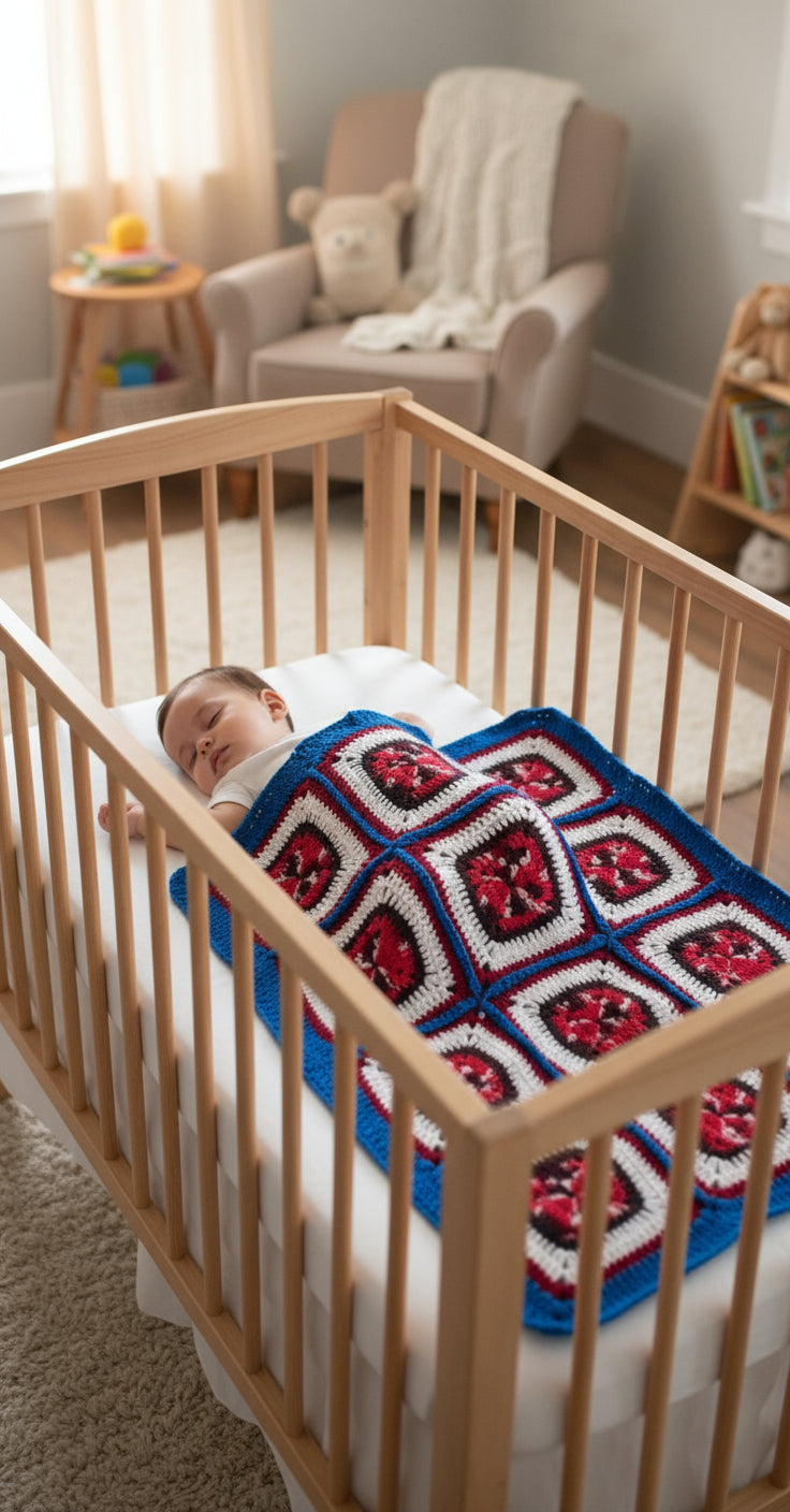 Handmade Granny Square hand crochet of Mix's Red, Whites, and Blue Border Baby Blanket